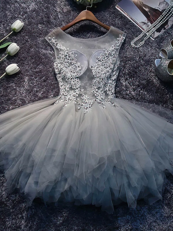 Princess Scoop Neck Tulle Short/Mini Appliques Lace Short Prom Dresses #Favs020106350