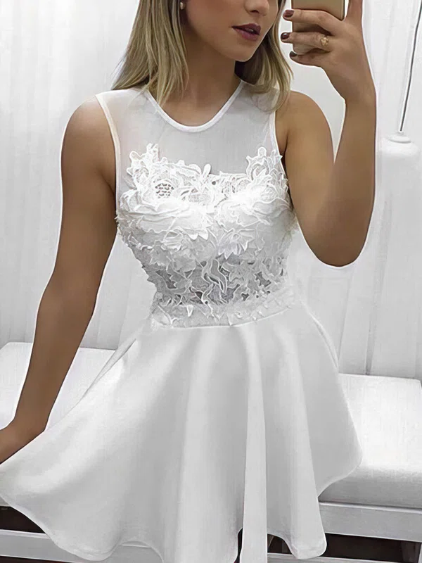 A-line Scoop Neck Tulle Silk-like Satin Short/Mini Appliques Lace Short Prom Dresses #Favs020106352