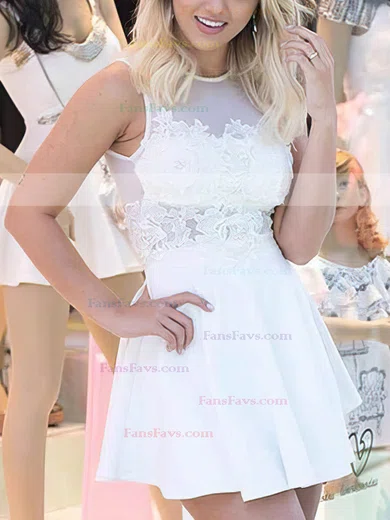 A-line Scoop Neck Tulle Silk-like Satin Short/Mini Appliques Lace Short Prom Dresses #Favs020106352