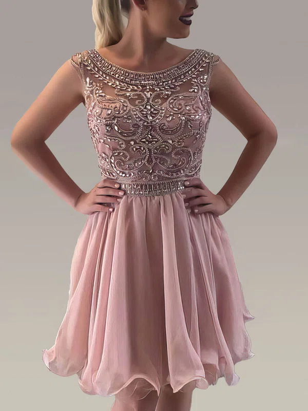 A-line Scoop Neck Tulle Chiffon Knee-length Sequins Short Prom Dresses #Favs020106356