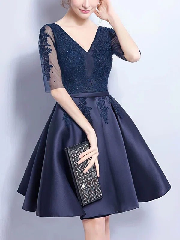 A-line V-neck Satin Tulle Short/Mini Appliques Lace Short Prom Dresses #Favs020106357