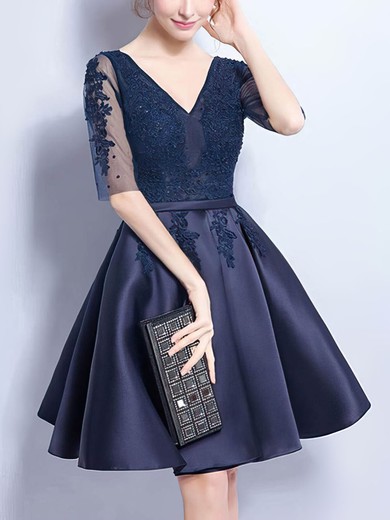 A-line V-neck Satin Tulle Short/Mini Appliques Lace Short Prom Dresses #Favs020106357