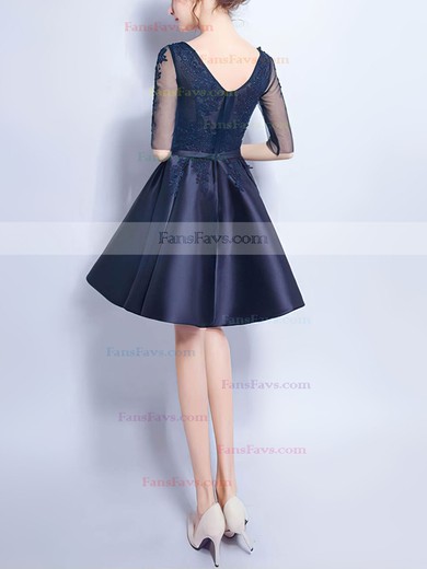 A-line V-neck Satin Tulle Short/Mini Appliques Lace Short Prom Dresses #Favs020106357