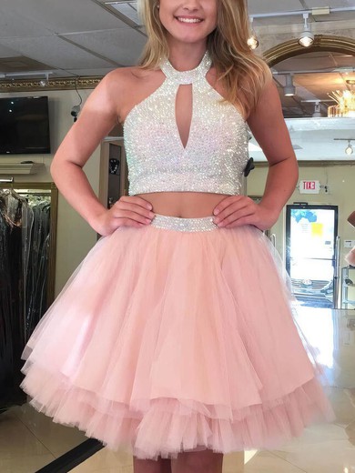 A-line Halter Tulle Short/Mini Tiered Prom Dresses #Favs020106359