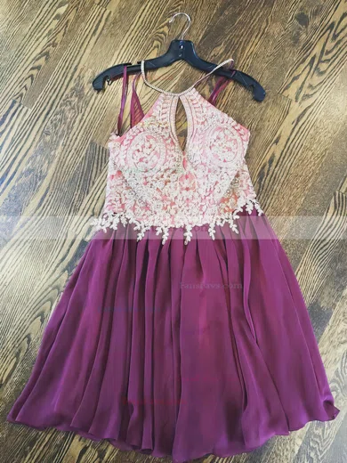 A-line Halter Chiffon Tulle Short/Mini Beading Short Prom Dresses #Favs020106360