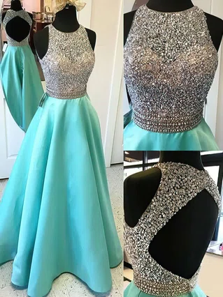 Princess Scoop Neck Satin Floor-length Beading Prom Dresses #Favs020102392
