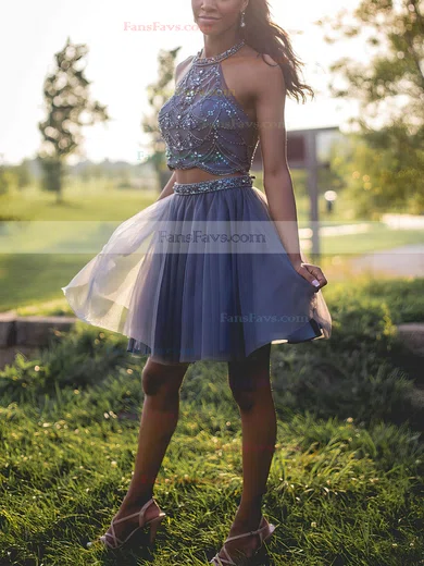 A-line Halter Tulle Short/Mini Beading Short Prom Dresses #Favs020106363