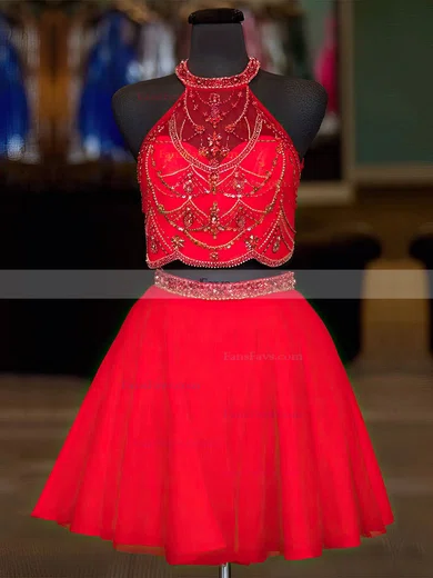 A-line Halter Tulle Short/Mini Beading Short Prom Dresses #Favs020106363