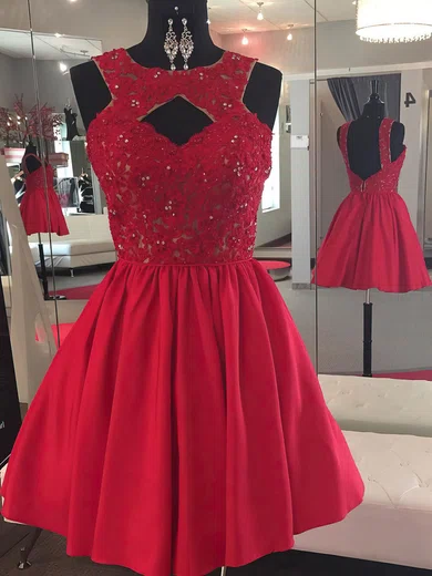 A-line Scoop Neck Satin Tulle Short/Mini Beading Short Prom Dresses #Favs020106364
