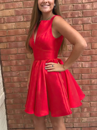 A-line V-neck Satin Short/Mini Ruffles Short Prom Dresses #Favs020106365 A-line V-neck Satin Short/Mini Ruffles Short Prom Dresses #Favs020106365