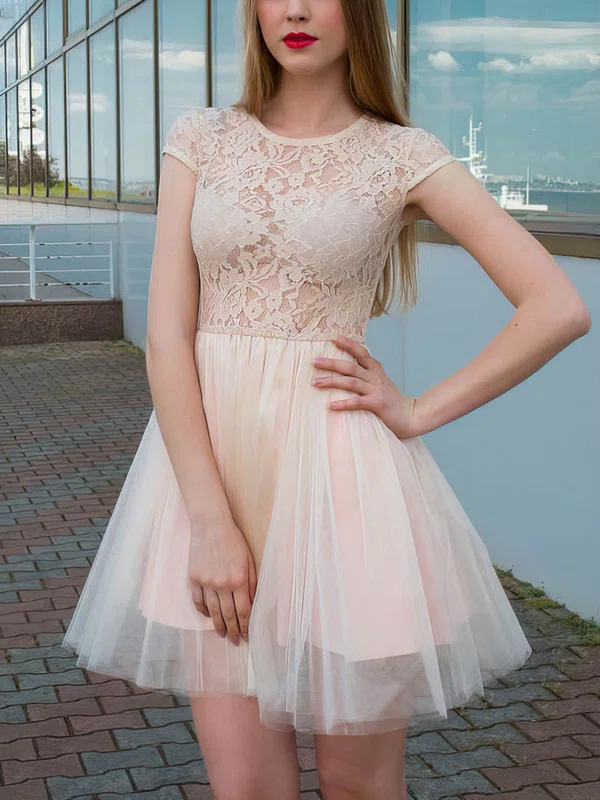 A-line Scoop Neck Lace Tulle Short/Mini Lace Short Prom Dresses #Favs020106367