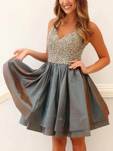 A-line V-neck Taffeta Short/Mini Beading Short Prom Dresses #Favs020106368
