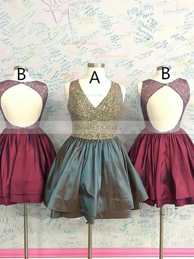 A-line V-neck Taffeta Short/Mini Beading Short Prom Dresses #Favs020106368
