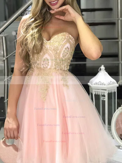 A-line Sweetheart Tulle Short/Mini Beading Short Prom Dresses #Favs020106369