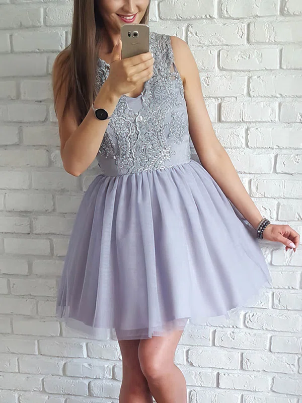 A-line Scoop Neck Tulle Short/Mini Appliques Lace Short Prom Dresses #Favs020106371