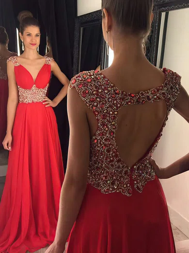 A-line V-neck Chiffon Sweep Train Beading Prom Dresses #Favs020102404