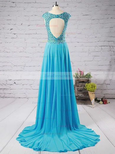 A-line V-neck Chiffon Sweep Train Beading Prom Dresses #Favs020102404