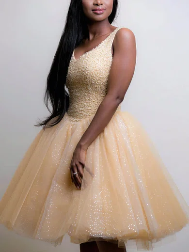 Ball Gown V-neck Tulle Sequined Short/Mini Sequins Short Prom Dresses #Favs020106374