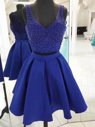 A-line V-neck Satin Tulle Short/Mini Beading Short Prom Dresses #Favs020106376