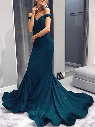 Trumpet/Mermaid Off-the-shoulder Silk-like Satin Sweep Train Sequins Prom Dresses #Favs020106403