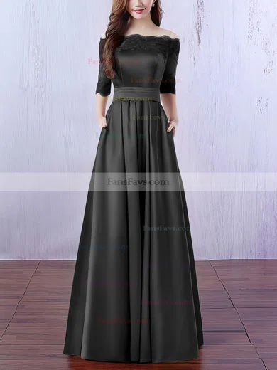 A-line Off-the-shoulder Satin Floor-length Appliques Lace Prom Dresses #Favs020102406