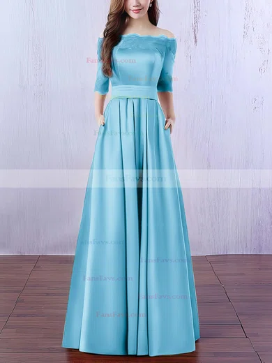 A-line Off-the-shoulder Satin Floor-length Appliques Lace Prom Dresses #Favs020102406