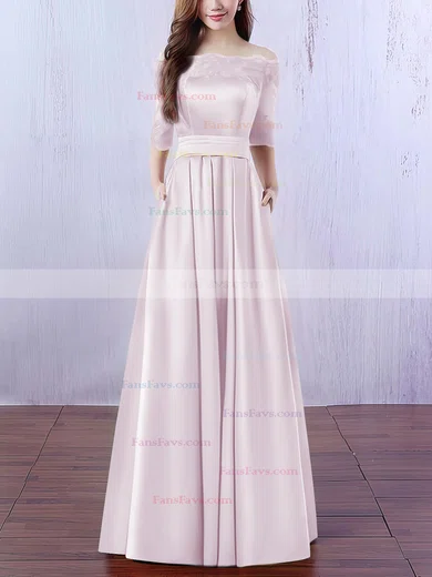 A-line Off-the-shoulder Satin Floor-length Appliques Lace Prom Dresses #Favs020102406