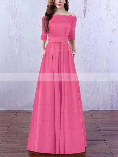 A-line Off-the-shoulder Satin Floor-length Appliques Lace Prom Dresses #Favs020102406