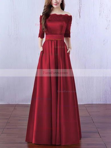 A-line Off-the-shoulder Satin Floor-length Appliques Lace Prom Dresses #Favs020102406