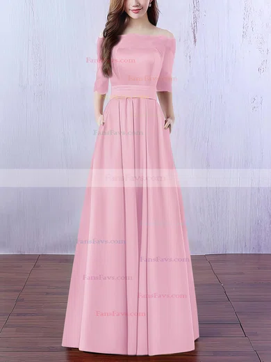 A-line Off-the-shoulder Satin Floor-length Appliques Lace Prom Dresses #Favs020102406