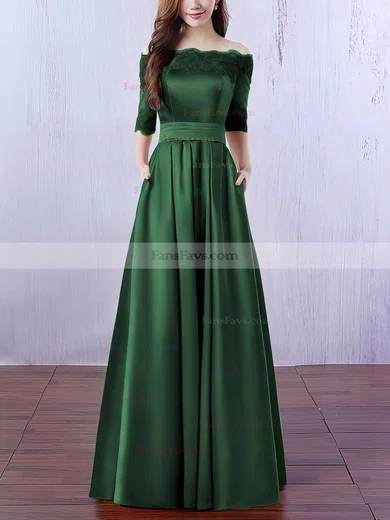 A-line Off-the-shoulder Satin Floor-length Appliques Lace Prom Dresses #Favs020102406