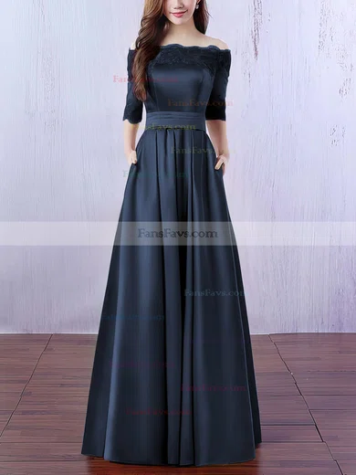 A-line Off-the-shoulder Satin Floor-length Appliques Lace Prom Dresses #Favs020102406