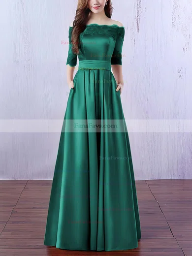 A-line Off-the-shoulder Satin Floor-length Appliques Lace Prom Dresses #Favs020102406