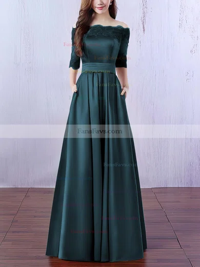 A-line Off-the-shoulder Satin Floor-length Appliques Lace Prom Dresses #Favs020102406