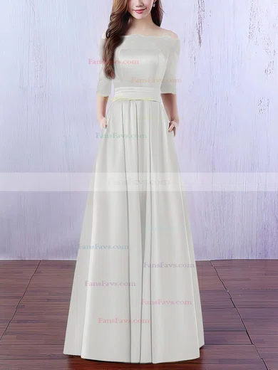 A-line Off-the-shoulder Satin Floor-length Appliques Lace Prom Dresses #Favs020102406