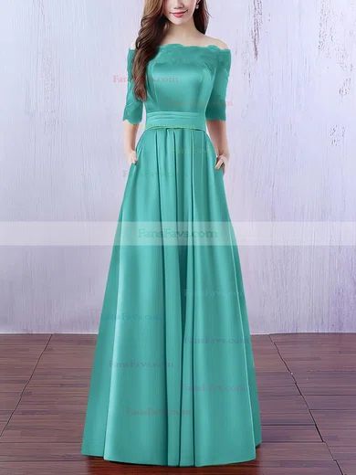 A-line Off-the-shoulder Satin Floor-length Appliques Lace Prom Dresses #Favs020102406