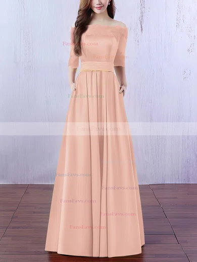 A-line Off-the-shoulder Satin Floor-length Appliques Lace Prom Dresses #Favs020102406