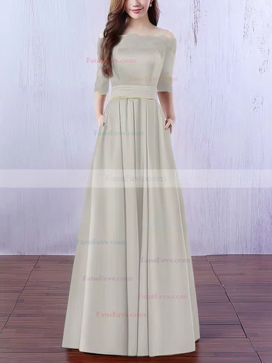 A-line Off-the-shoulder Satin Floor-length Appliques Lace Prom Dresses #Favs020102406