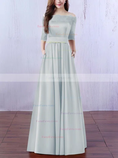 A-line Off-the-shoulder Satin Floor-length Appliques Lace Prom Dresses #Favs020102406