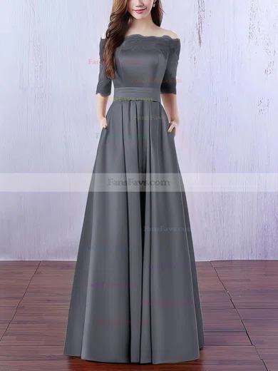 A-line Off-the-shoulder Satin Floor-length Appliques Lace Prom Dresses #Favs020102406