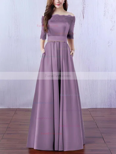 A-line Off-the-shoulder Satin Floor-length Appliques Lace Prom Dresses #Favs020102406