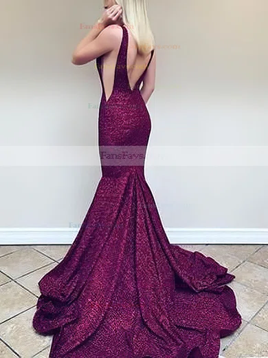 Trumpet/Mermaid V-neck Lace Sweep Train Prom Dresses #Favs020106406