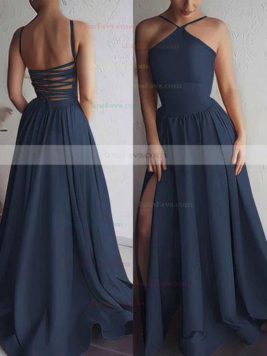 A-line Halter Silk-like Satin Sweep Train Prom Dresses #Favs020106379