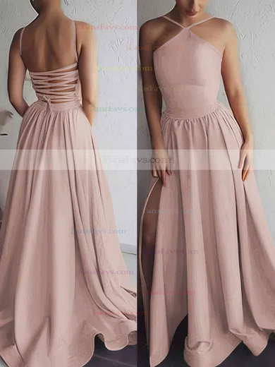 A-line Halter Silk-like Satin Sweep Train Prom Dresses #Favs020106379