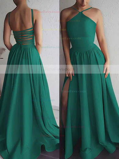 A-line Halter Silk-like Satin Sweep Train Prom Dresses #Favs020106379