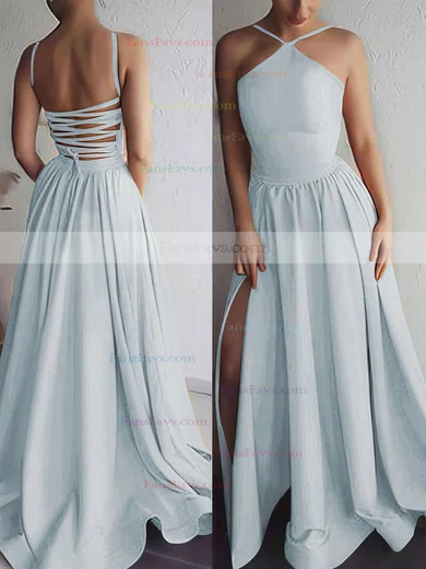 A-line Halter Silk-like Satin Sweep Train Prom Dresses #Favs020106379