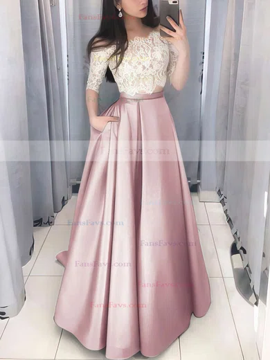 Ball Gown Off-the-shoulder Lace Satin Floor-length Pockets Prom Dresses #Favs020106380