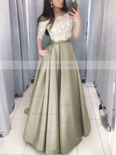 Ball Gown Off-the-shoulder Lace Satin Floor-length Pockets Prom Dresses #Favs020106380
