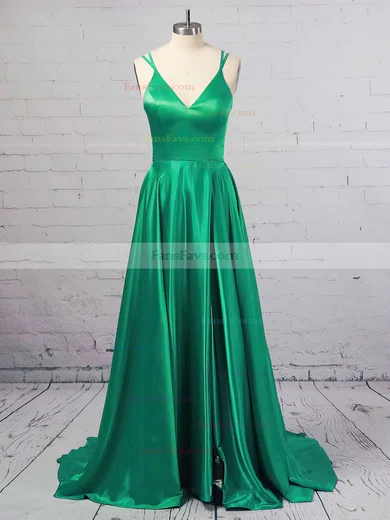 A-line V-neck Silk-like Satin Sweep Train Split Front Prom Dresses #Favs020106381