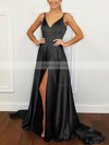 A-line V-neck Silk-like Satin Sweep Train Split Front Prom Dresses #Favs020106381